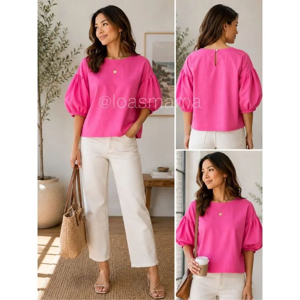 NWT Oliphant XS Pink Puff Sleeve Poplin Cotton Blouse Coastal Preppy